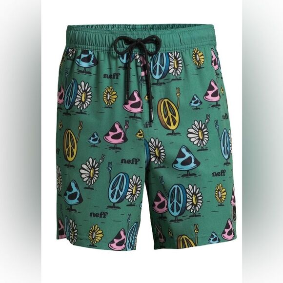 Neff NEW NWT Men's Novelty Print Swim Trunks Green Peace 7" Inseam Size XL - Picture 1 of 8